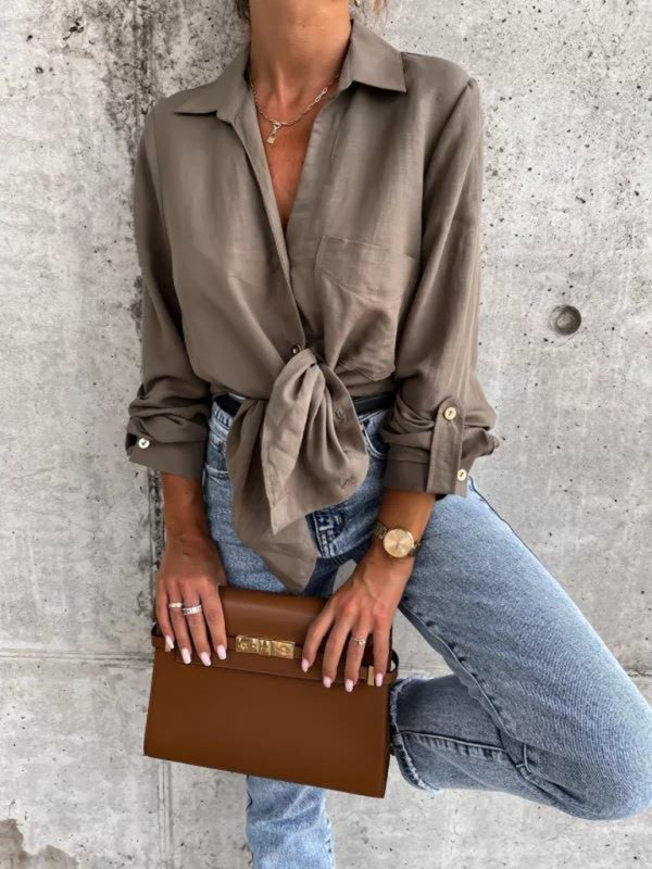 Bethel Women's New Simple Solid Color Pull-Sleeve V-Neck Button Lapel Shirt
