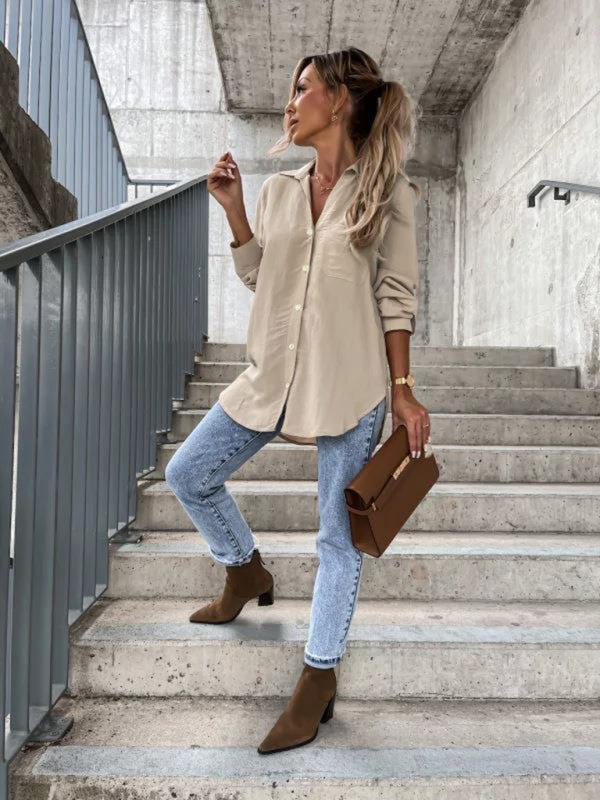 Bethel Women's New Simple Solid Color Pull-Sleeve V-Neck Button Lapel Shirt