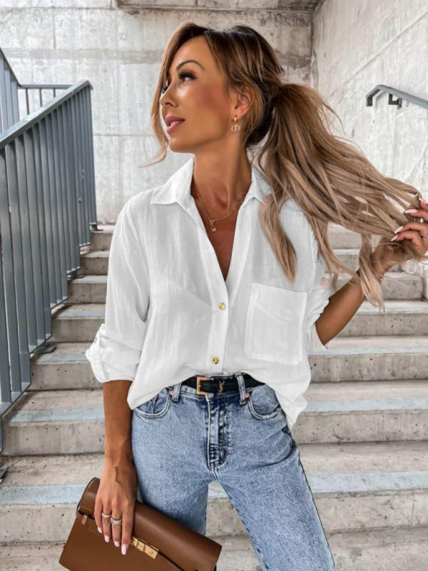 Bethel Women's New Simple Solid Color Pull-Sleeve V-Neck Button Lapel Shirt
