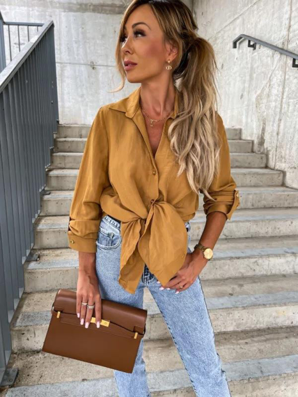 Bethel Women's New Simple Solid Color Pull-Sleeve V-Neck Button Lapel Shirt