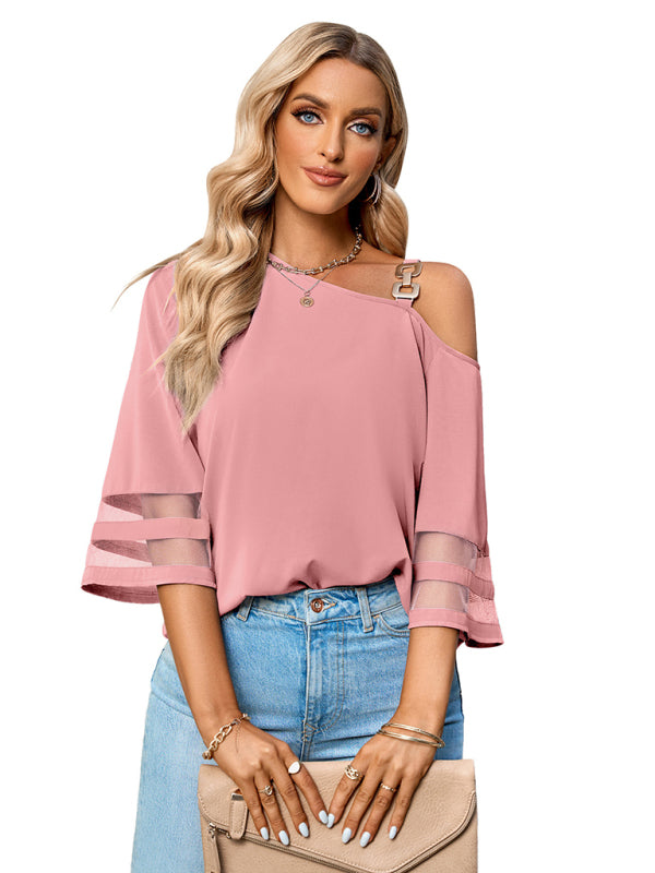 Danette Women's Elegant Solid Color Metal Buckle One-Shoulder Blouse