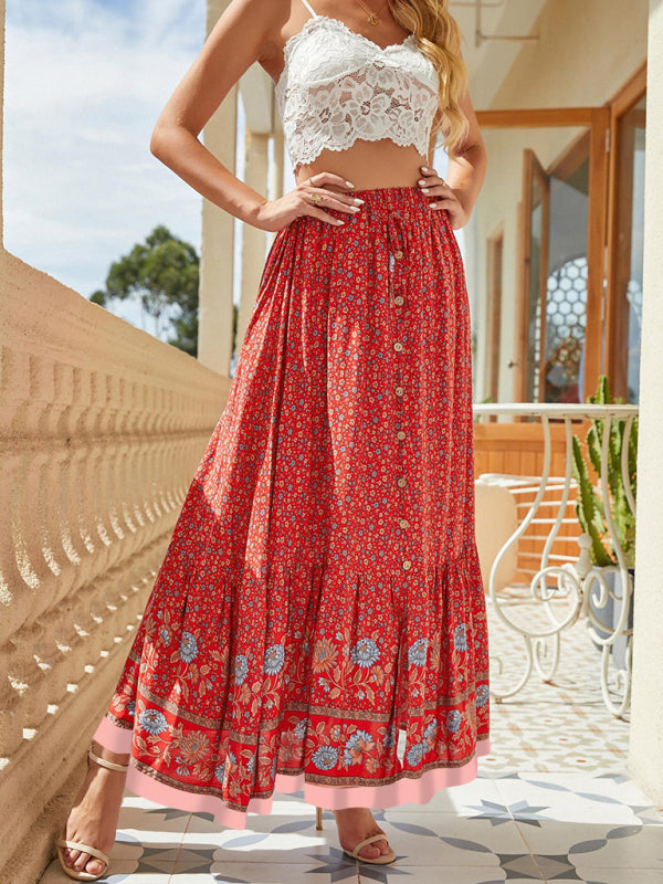 Demi Bohemian Long Skirt Ethnic Print Elastic High Waist Tie Button Slit Holiday Travel Skirt