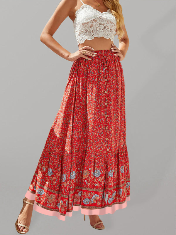 Demi Bohemian Long Skirt Ethnic Print Elastic High Waist Tie Button Slit Holiday Travel Skirt