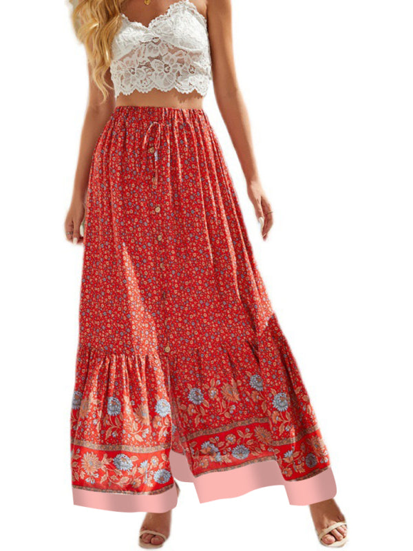 Demi Bohemian Long Skirt Ethnic Print Elastic High Waist Tie Button Slit Holiday Travel Skirt
