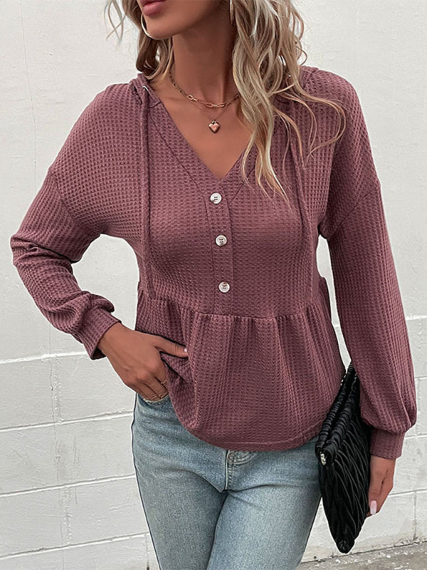 Maricela Women's Knitted Hooded V-Neck Waffle Long-Sleeved Top