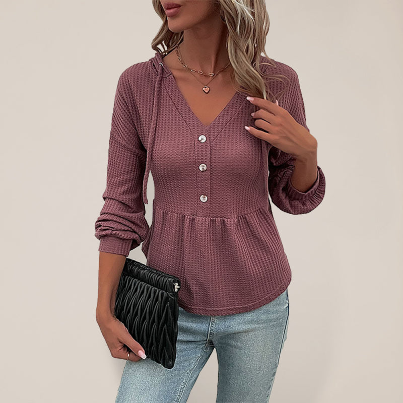 Maricela Women's Knitted Hooded V-Neck Waffle Long-Sleeved Top