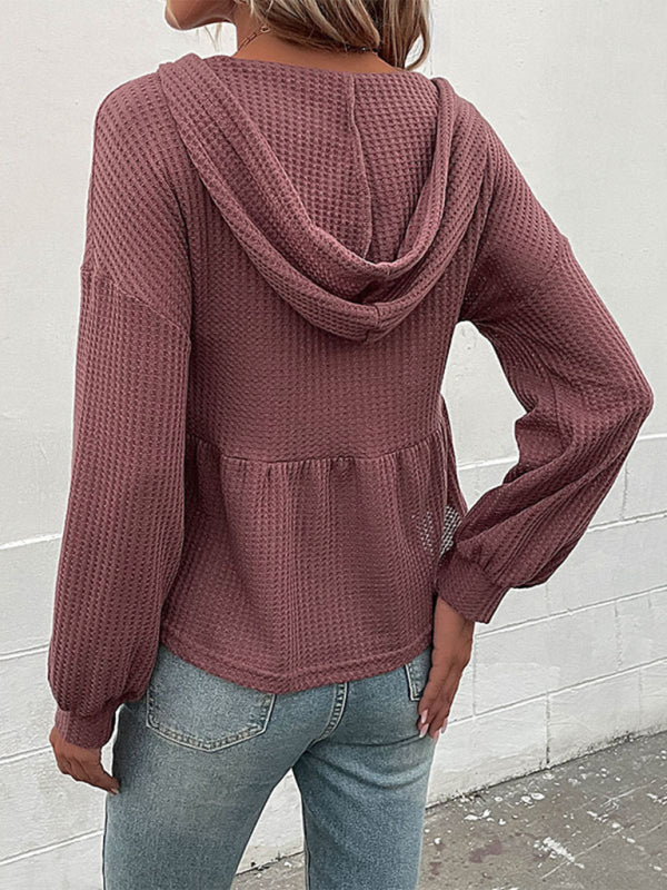 Maricela Women's Knitted Hooded V-Neck Waffle Long-Sleeved Top