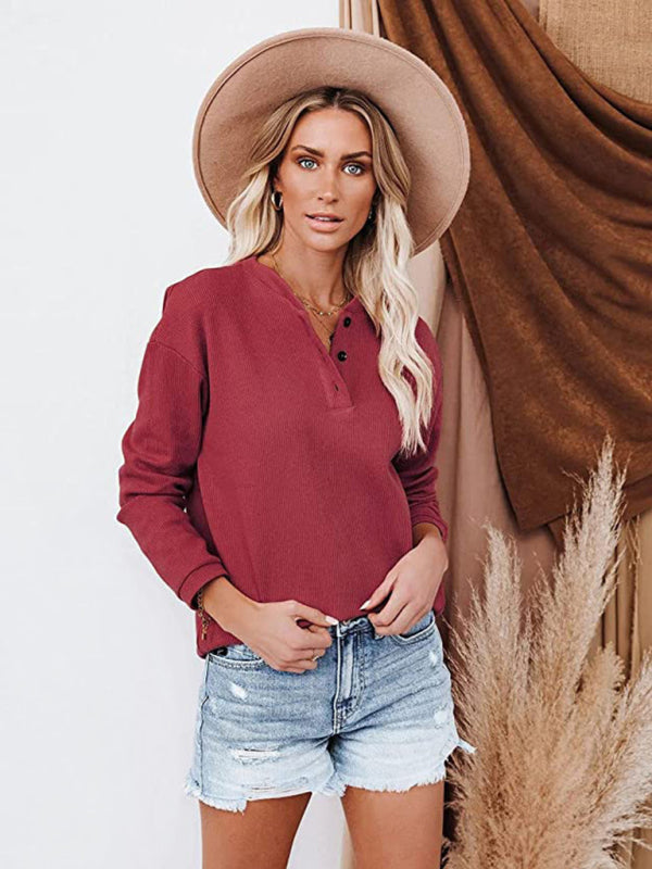Galilea Women's Clothes Amazon Hot Style V-Neck Solid Color Long-Sleeved Top T-Shirt Women