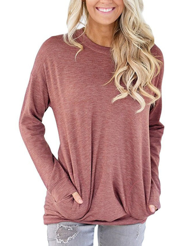 Hunter Women's Round Neck Batman Long Sleeve Pocket Solid Color Loose T-Shirt