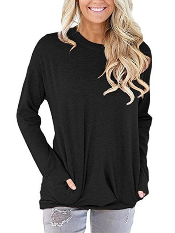 Hunter Women's Round Neck Batman Long Sleeve Pocket Solid Color Loose T-Shirt