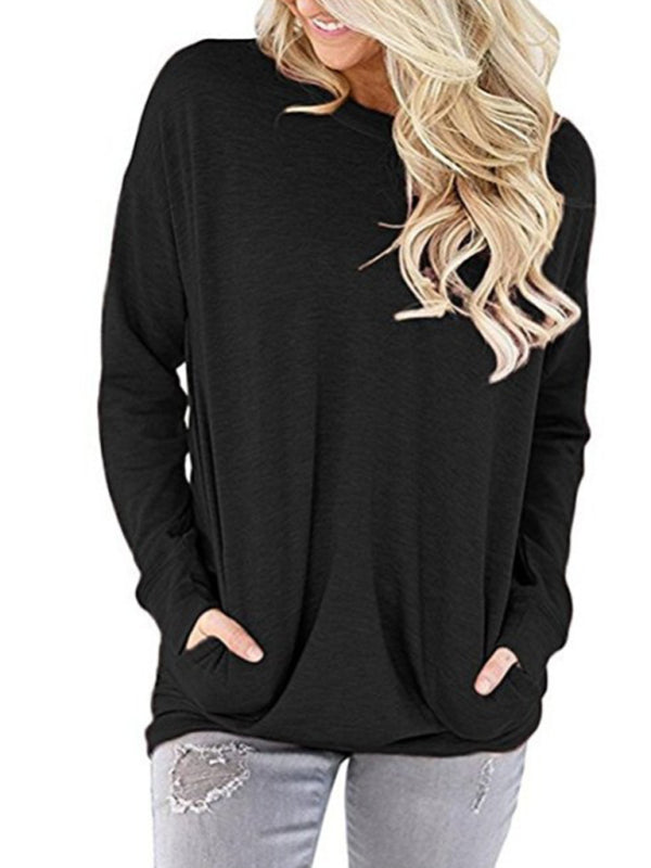 Hunter Women's Round Neck Batman Long Sleeve Pocket Solid Color Loose T-Shirt