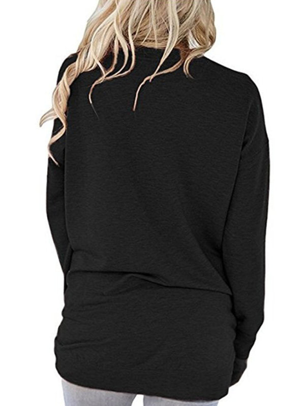 Hunter Women's Round Neck Batman Long Sleeve Pocket Solid Color Loose T-Shirt