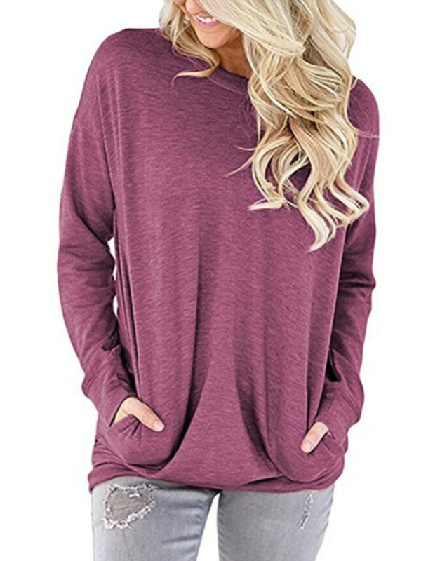 Hunter Women's Round Neck Batman Long Sleeve Pocket Solid Color Loose T-Shirt
