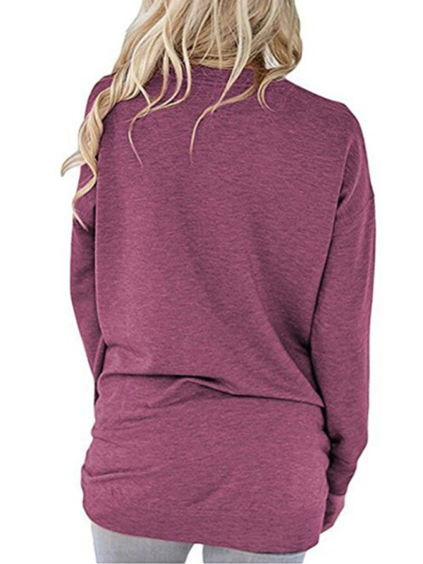 Hunter Women's Round Neck Batman Long Sleeve Pocket Solid Color Loose T-Shirt