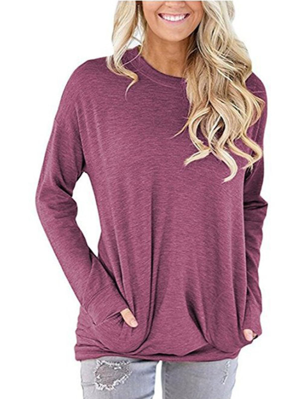 Hunter Women's Round Neck Batman Long Sleeve Pocket Solid Color Loose T-Shirt