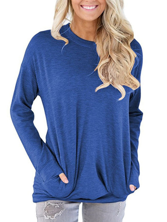 Hunter Women's Round Neck Batman Long Sleeve Pocket Solid Color Loose T-Shirt