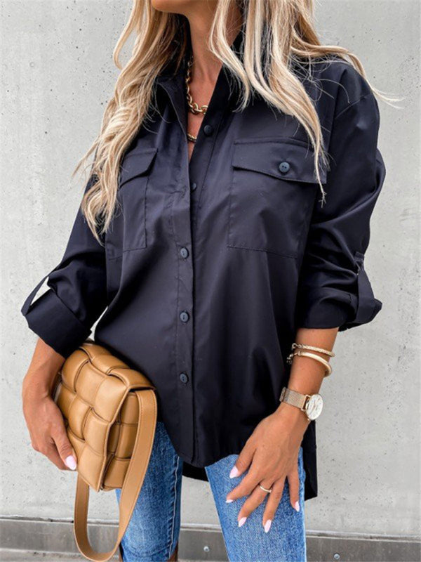Lysandra Women's Solid Color Pocket Irregular Long Sleeve Lapel Shirt