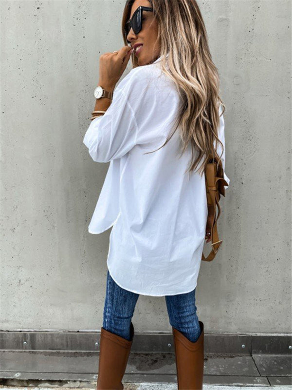 Lysandra Women's Solid Color Pocket Irregular Long Sleeve Lapel Shirt