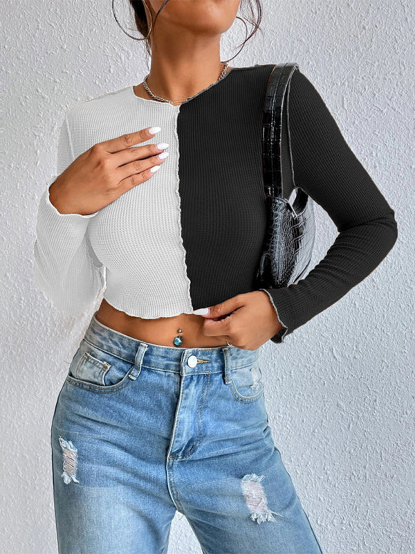 Allyson Women's Casual Colorblock Waffle Shorts Long Sleeve T-Shirt