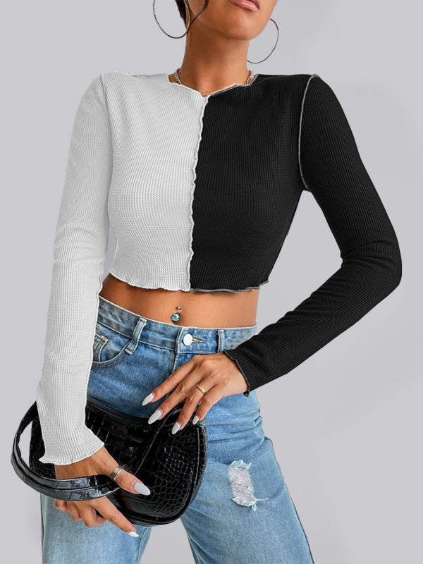 Esther Women's Casual Colorblock Waffle Shorts Long Sleeve T-Shirt