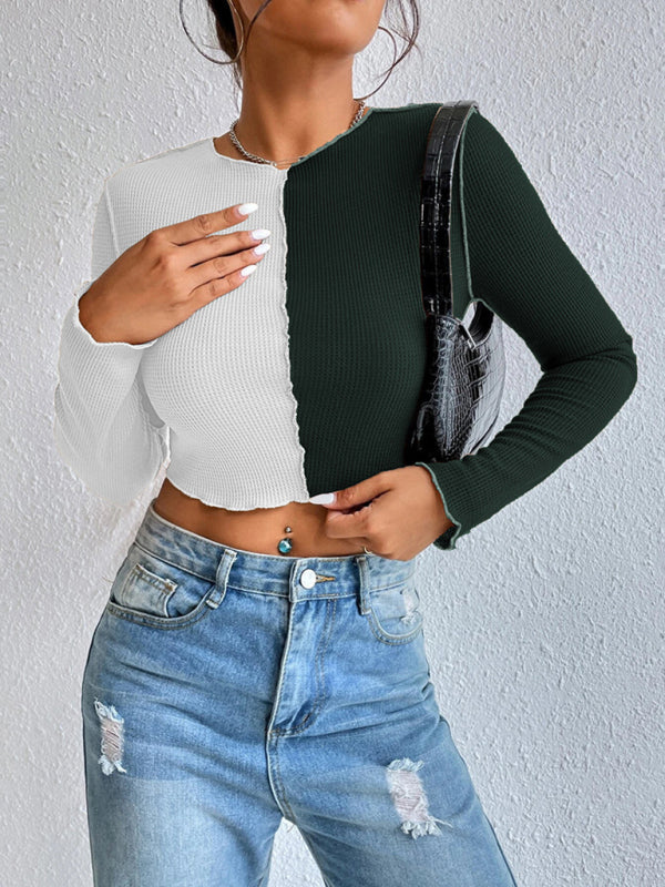 Allyson Women's Casual Colorblock Waffle Shorts Long Sleeve T-Shirt