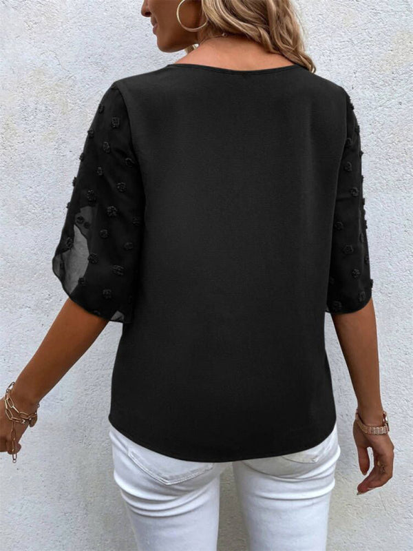 Magdalen Women's Solid Color Lace Paneling Round Neck Short Sleeve Top
