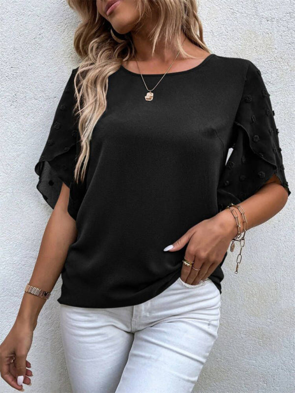 Magdalen Women's Solid Color Lace Paneling Round Neck Short Sleeve Top