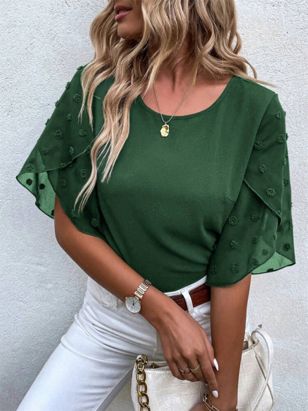 Magdalen Women's Solid Color Lace Paneling Round Neck Short Sleeve Top