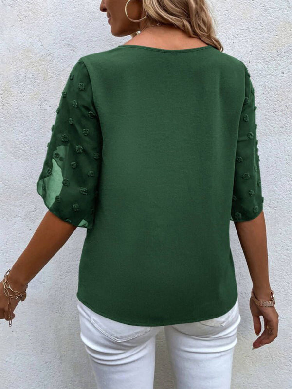 Magdalen Women's Solid Color Lace Paneling Round Neck Short Sleeve Top