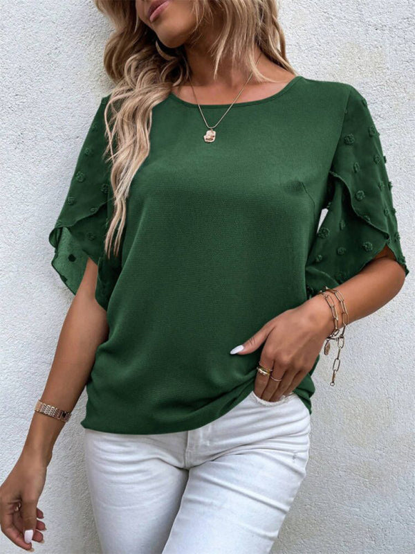 Magdalen Women's Solid Color Lace Paneling Round Neck Short Sleeve Top