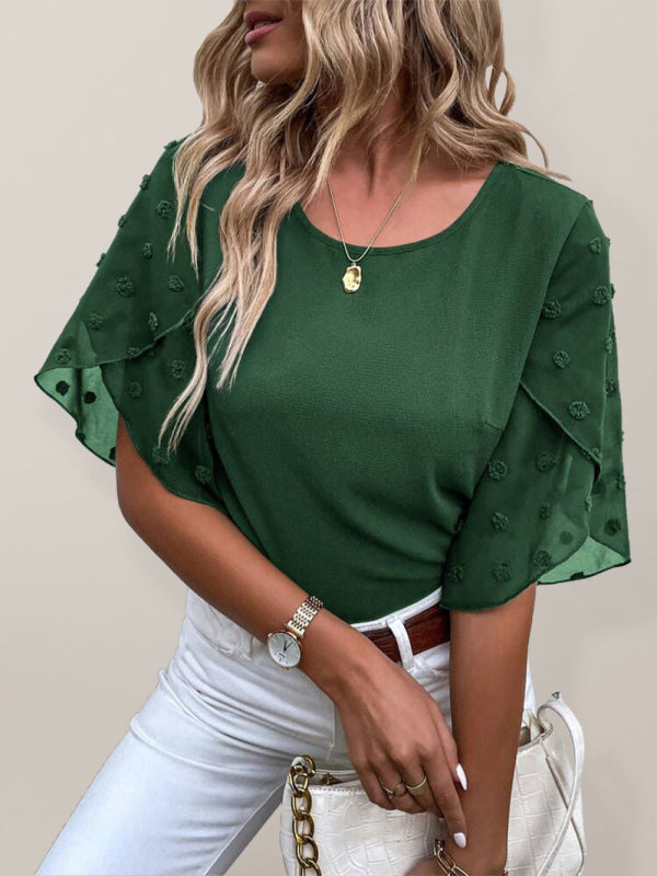 Magdalen Women's Solid Color Lace Paneling Round Neck Short Sleeve Top