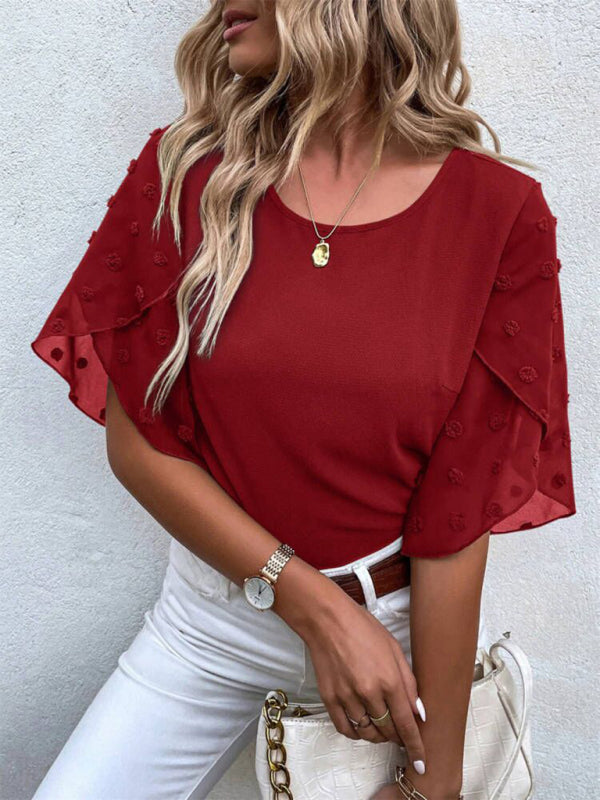 Magdalen Women's Solid Color Lace Paneling Round Neck Short Sleeve Top