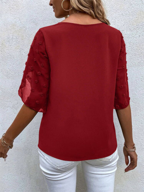 Magdalen Women's Solid Color Lace Paneling Round Neck Short Sleeve Top