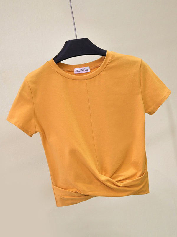 Juliana Cotton Short Sleeve Cropped Top Cross Knotted Skinny Cropped T-Shirt