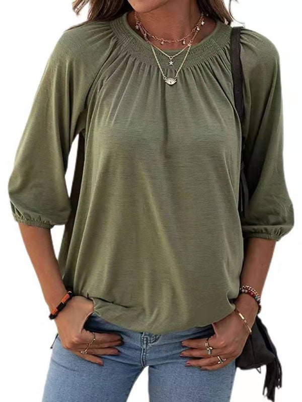 Jeannie Solid Color Loose Round Neck 3/4 Sleeves Ladies T-Shirt