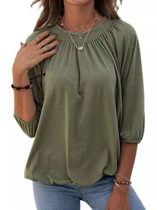 Jeannie Solid Color Loose Round Neck 3/4 Sleeves Ladies T-Shirt