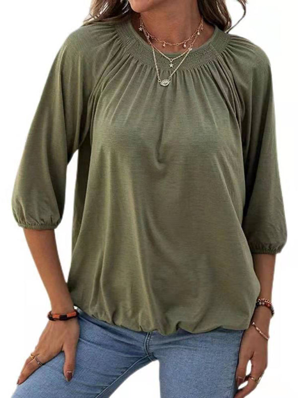Jeannie Solid Color Loose Round Neck 3/4 Sleeves Ladies T-Shirt