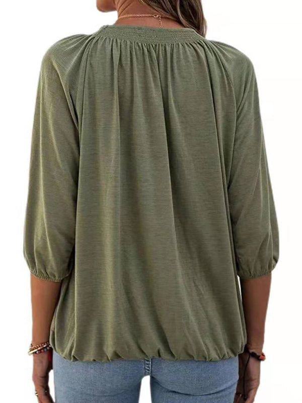 Jeannie Solid Color Loose Round Neck 3/4 Sleeves Ladies T-Shirt