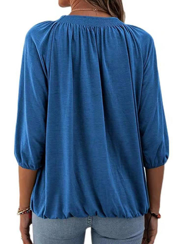 Jeannie Solid Color Loose Round Neck 3/4 Sleeves Ladies T-Shirt