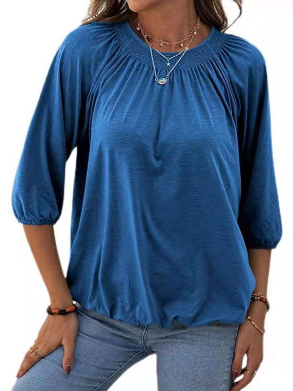 Jeannie Solid Color Loose Round Neck 3/4 Sleeves Ladies T-Shirt