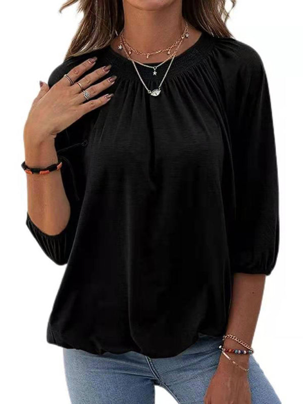 Jeannie Solid Color Loose Round Neck 3/4 Sleeves Ladies T-Shirt