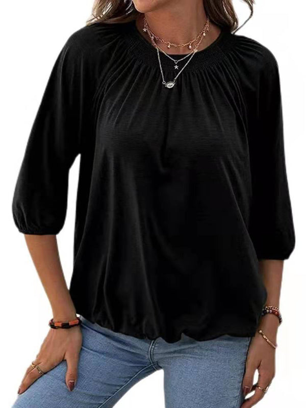 Jeannie Solid Color Loose Round Neck 3/4 Sleeves Ladies T-Shirt
