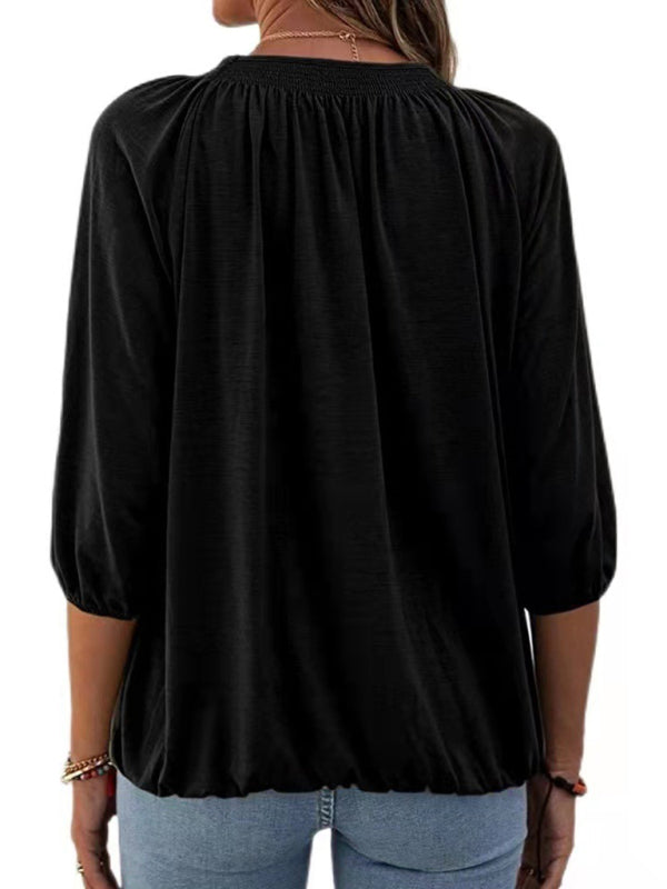 Jeannie Solid Color Loose Round Neck 3/4 Sleeves Ladies T-Shirt