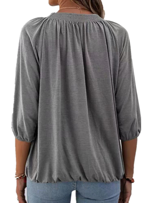 Jeannie Solid Color Loose Round Neck 3/4 Sleeves Ladies T-Shirt