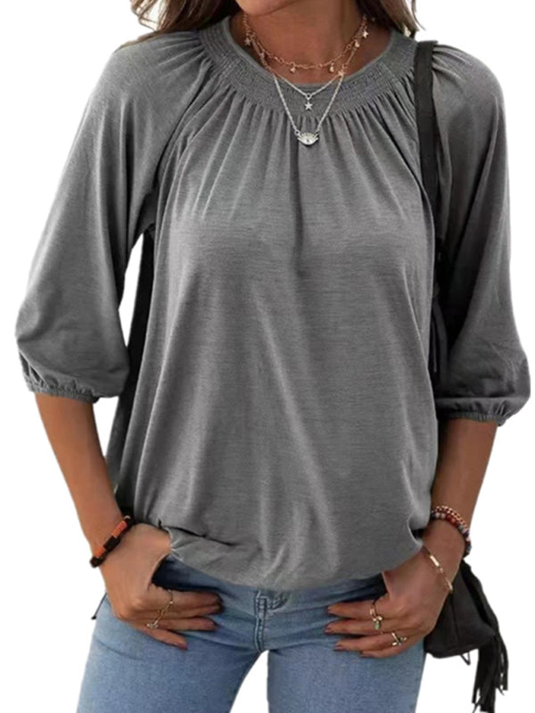 Jeannie Solid Color Loose Round Neck 3/4 Sleeves Ladies T-Shirt