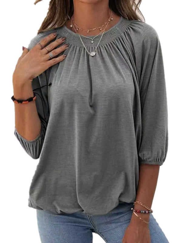 Jeannie Solid Color Loose Round Neck 3/4 Sleeves Ladies T-Shirt