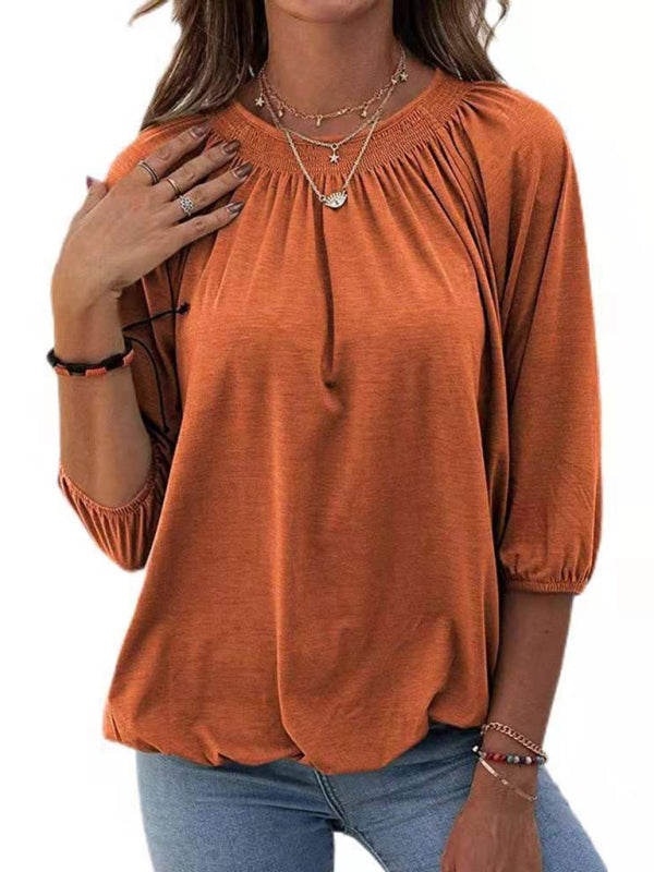 Jeannie Solid Color Loose Round Neck 3/4 Sleeves Ladies T-Shirt