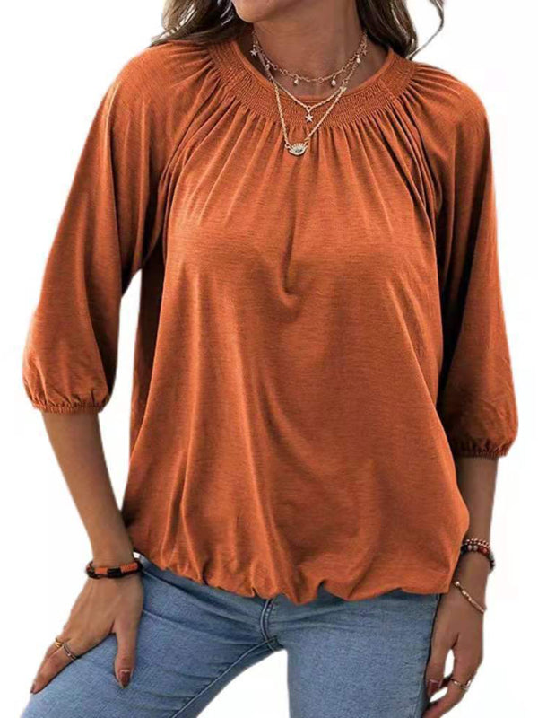 Jeannie Solid Color Loose Round Neck 3/4 Sleeves Ladies T-Shirt