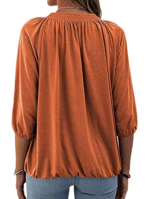 Jeannie Solid Color Loose Round Neck 3/4 Sleeves Ladies T-Shirt