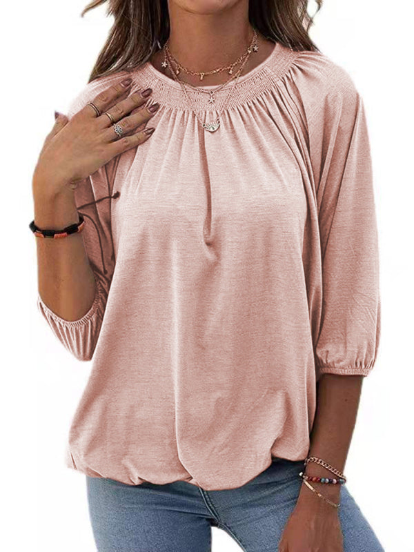 Jeannie Solid Color Loose Round Neck 3/4 Sleeves Ladies T-Shirt